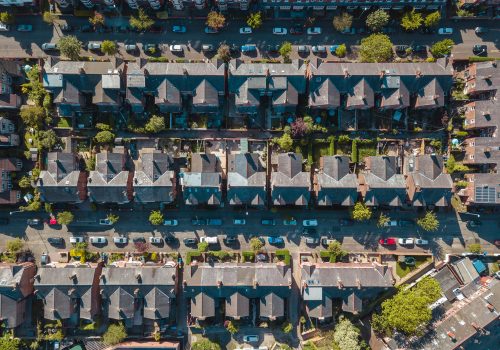 Aerial,Houses,Residential,British,England,Drone,Above,View,Summer,Blue
